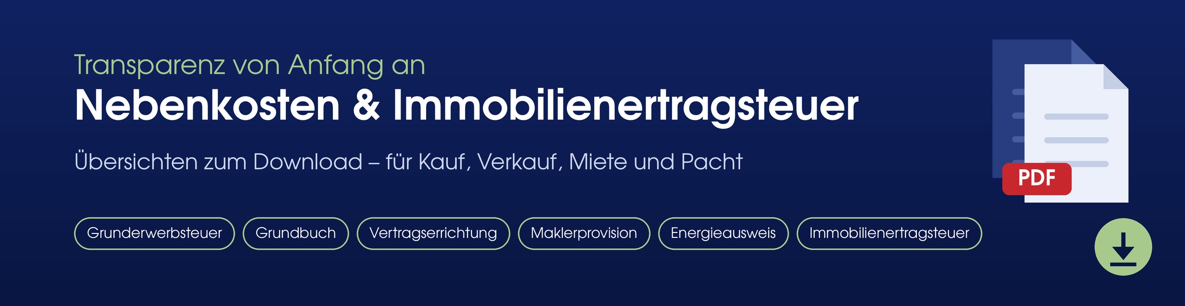 Nebenkosten-Übersichten zum Download – Kauf, Miete und Pacht, Immobilienertragsteuer als PDF